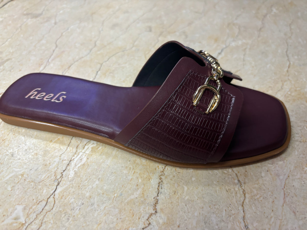 Julia Croco Chain Flat Summer Sliders in Wine - The Heels India