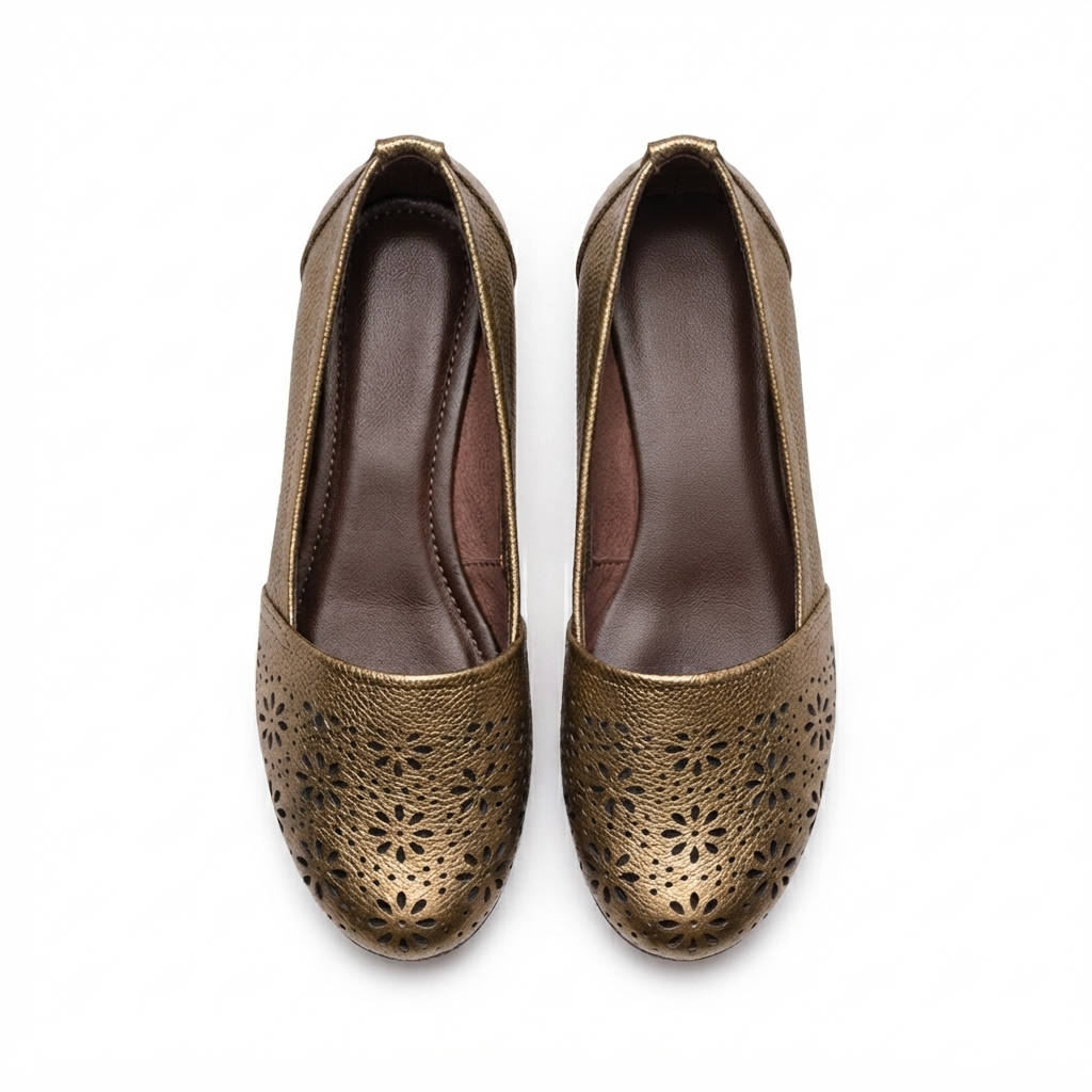 Ellis Leather Perforated Flat Ballerinas in Bronze - The Heels India