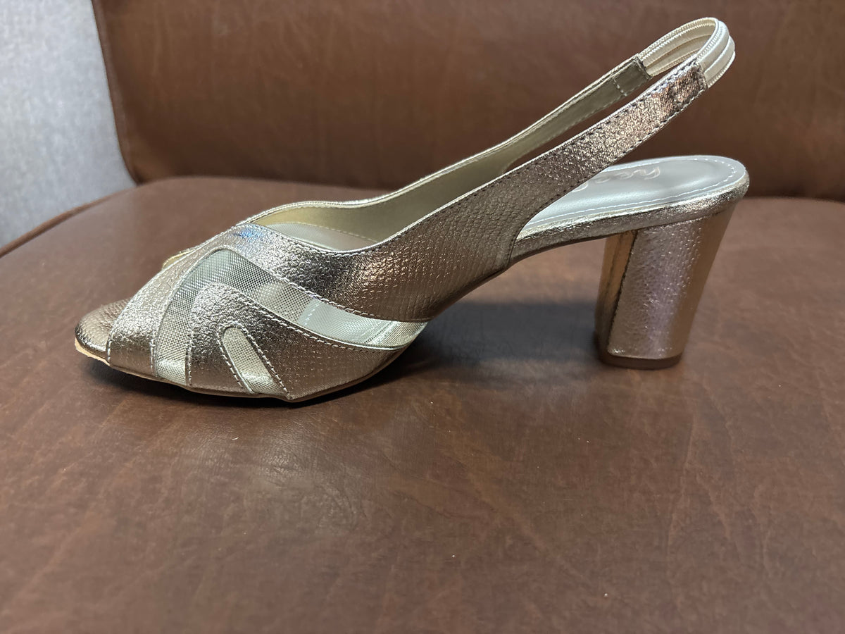 Delma Fancy Mesh Peep Toe Block Heel Sandals in Gold - The Heels India