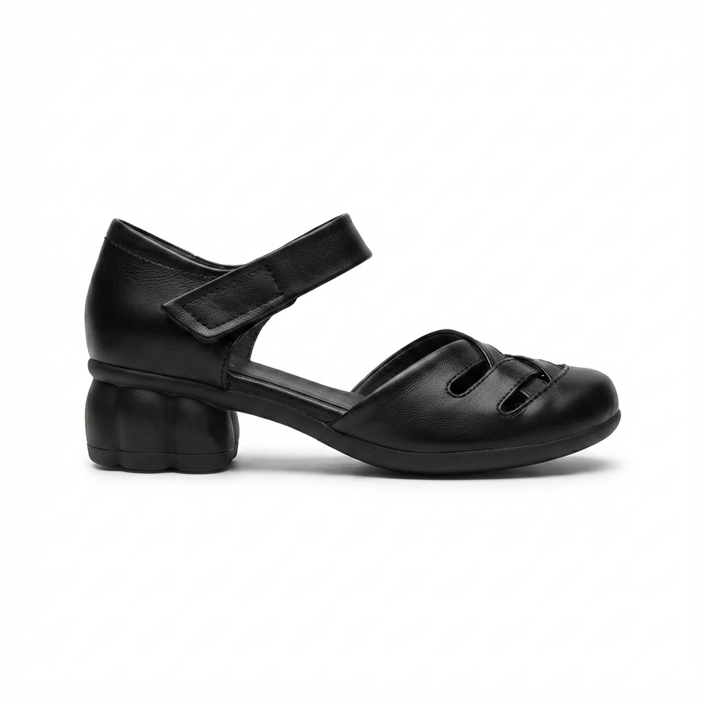 Zoe Leather Velcro Strap Cushioned Block Heel Sandals