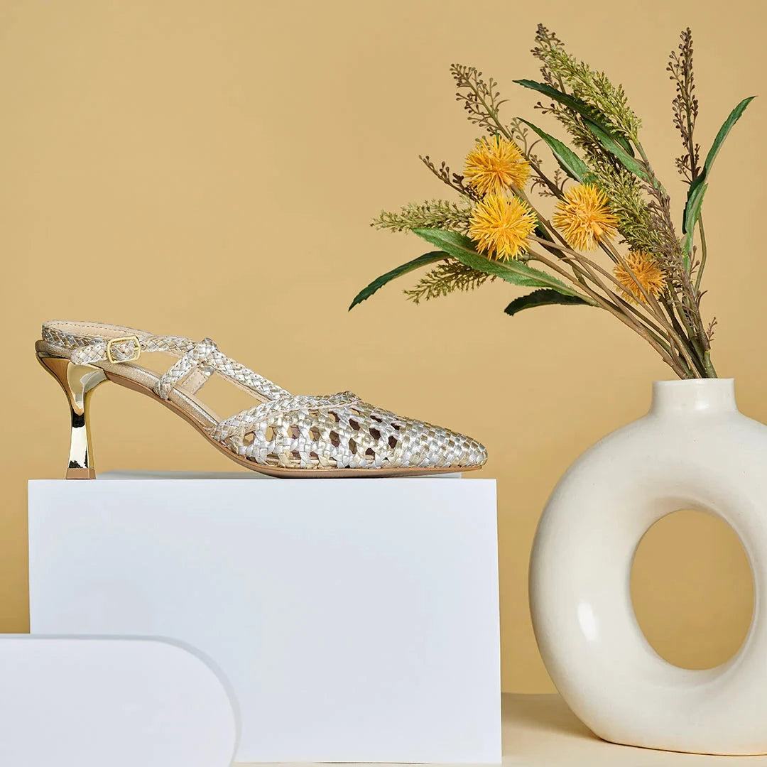LYRA Premium Leather Weaving Ankle Strap Kitten Heels