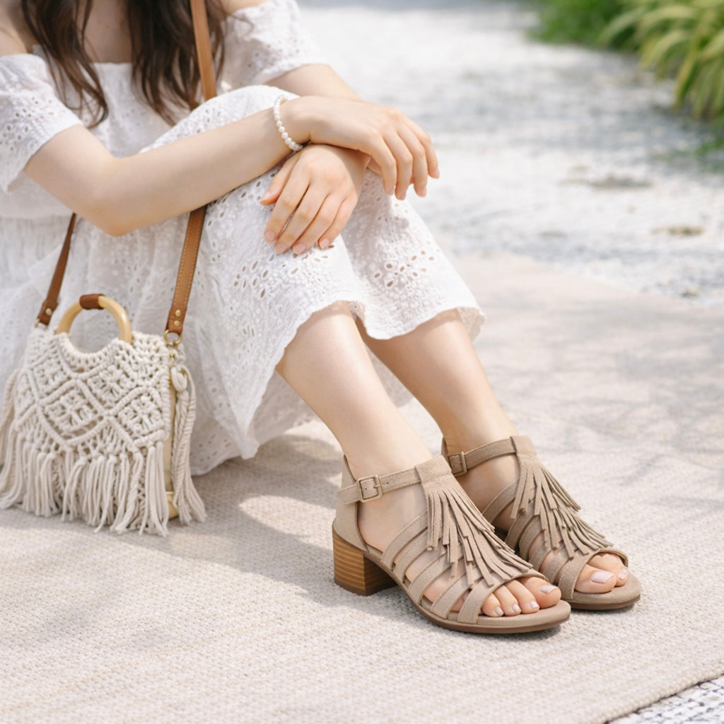 Canyon Breeze Suede Fringe Block Heel Summer Sandals - The Heels India
