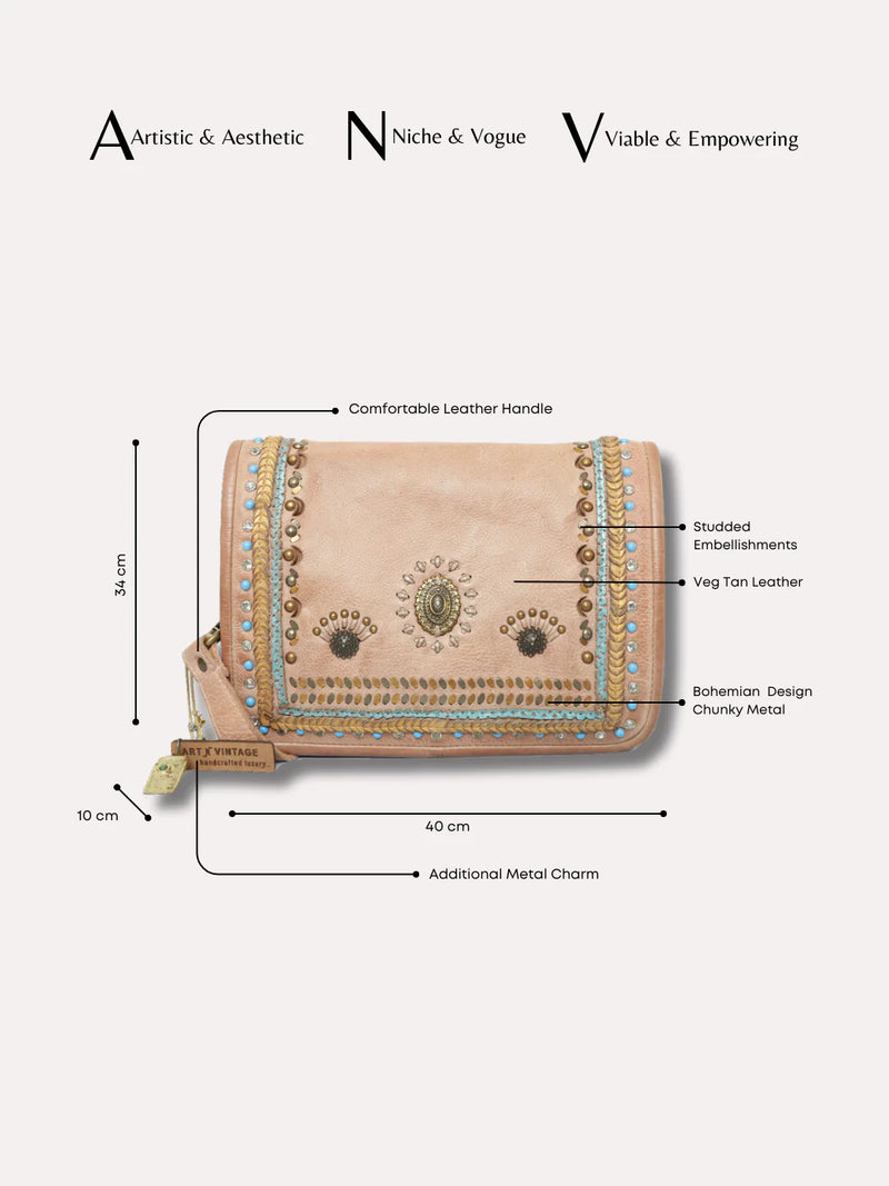 Savio : Embellished Leather Beige Crossbody Flap Bag