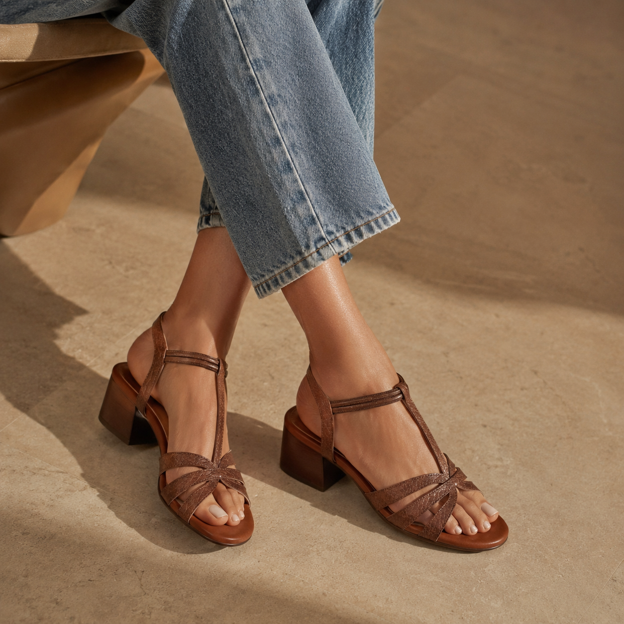 Snake Texture T-Strap Platform Block Heel Sandal – Brown