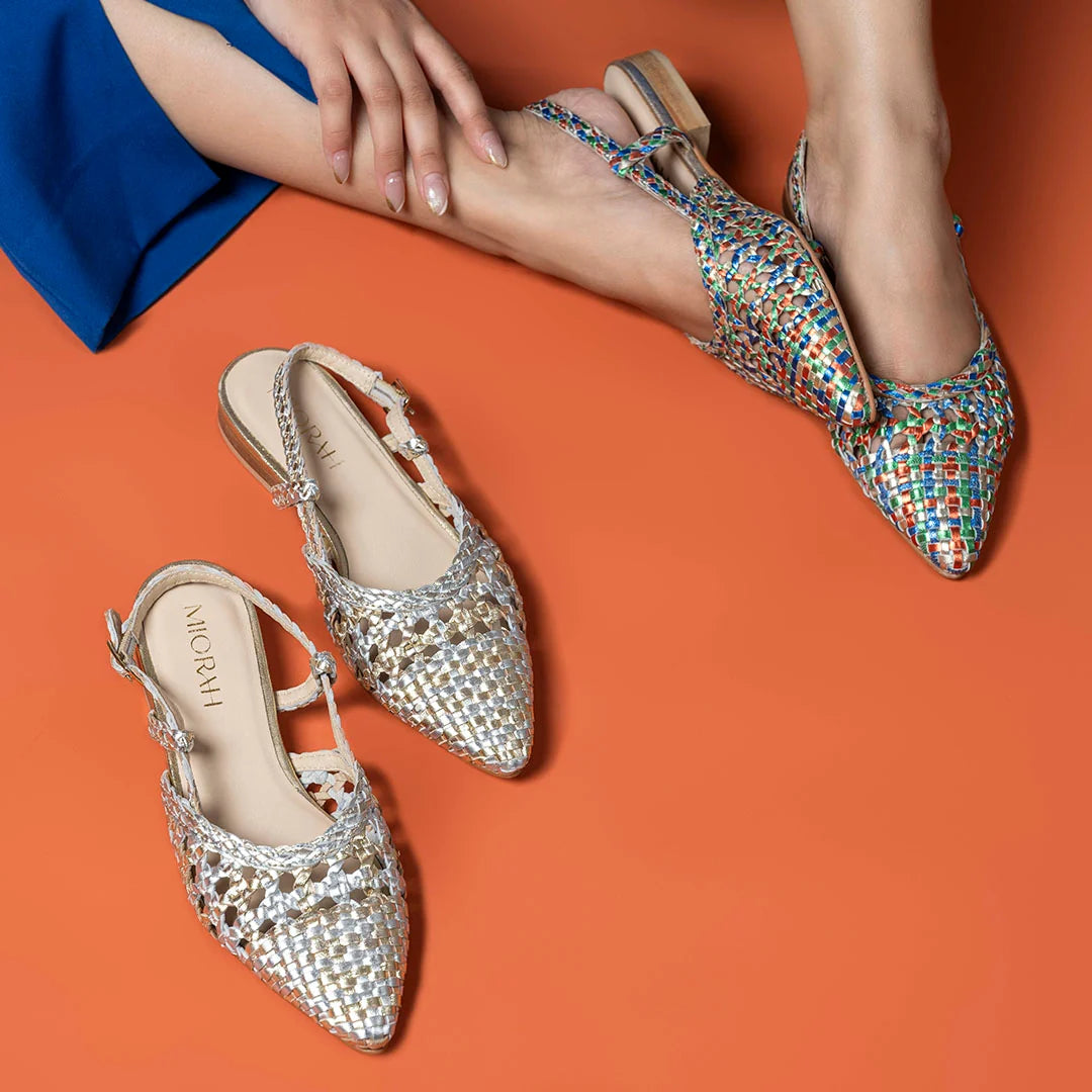 SIZZLE Premium Leather Weaving Ankle Strap Pointed Ballerinas