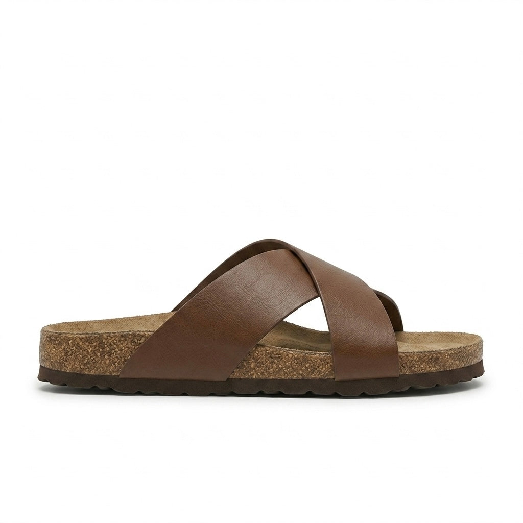 Edward Premium Leather Cross Cork Slippers Brown - Front View