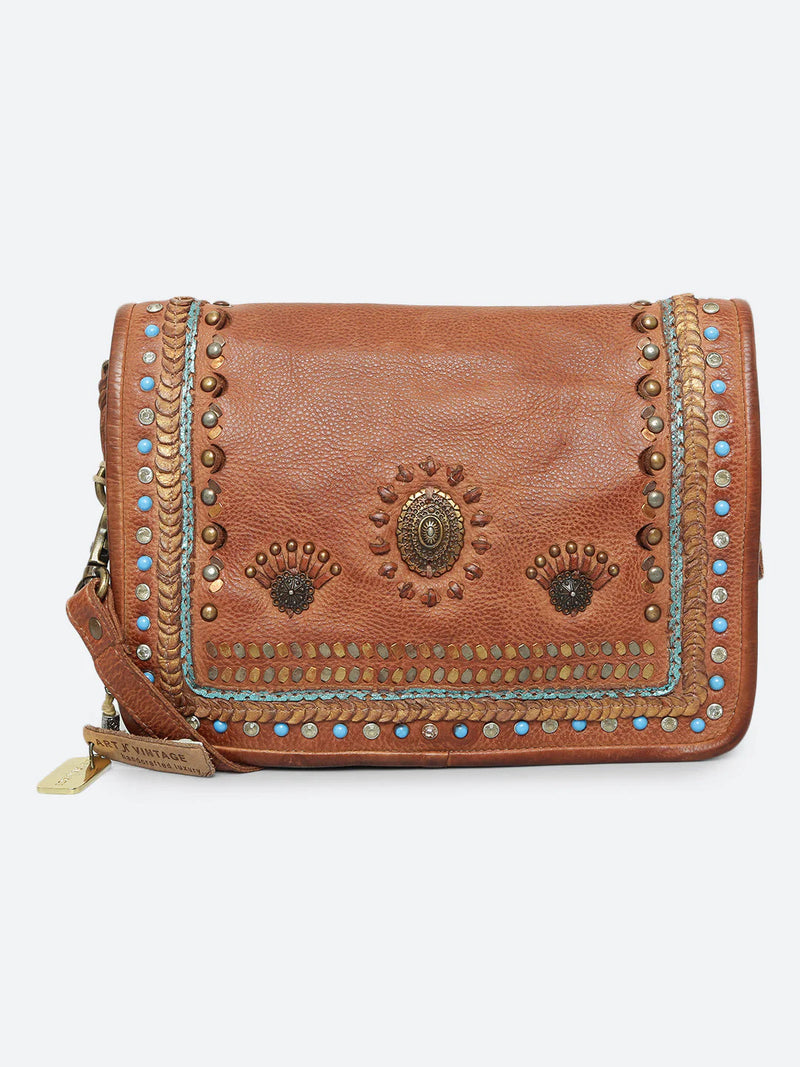 Savio: Leather Embellished Cognac Crossbody Flap Bag