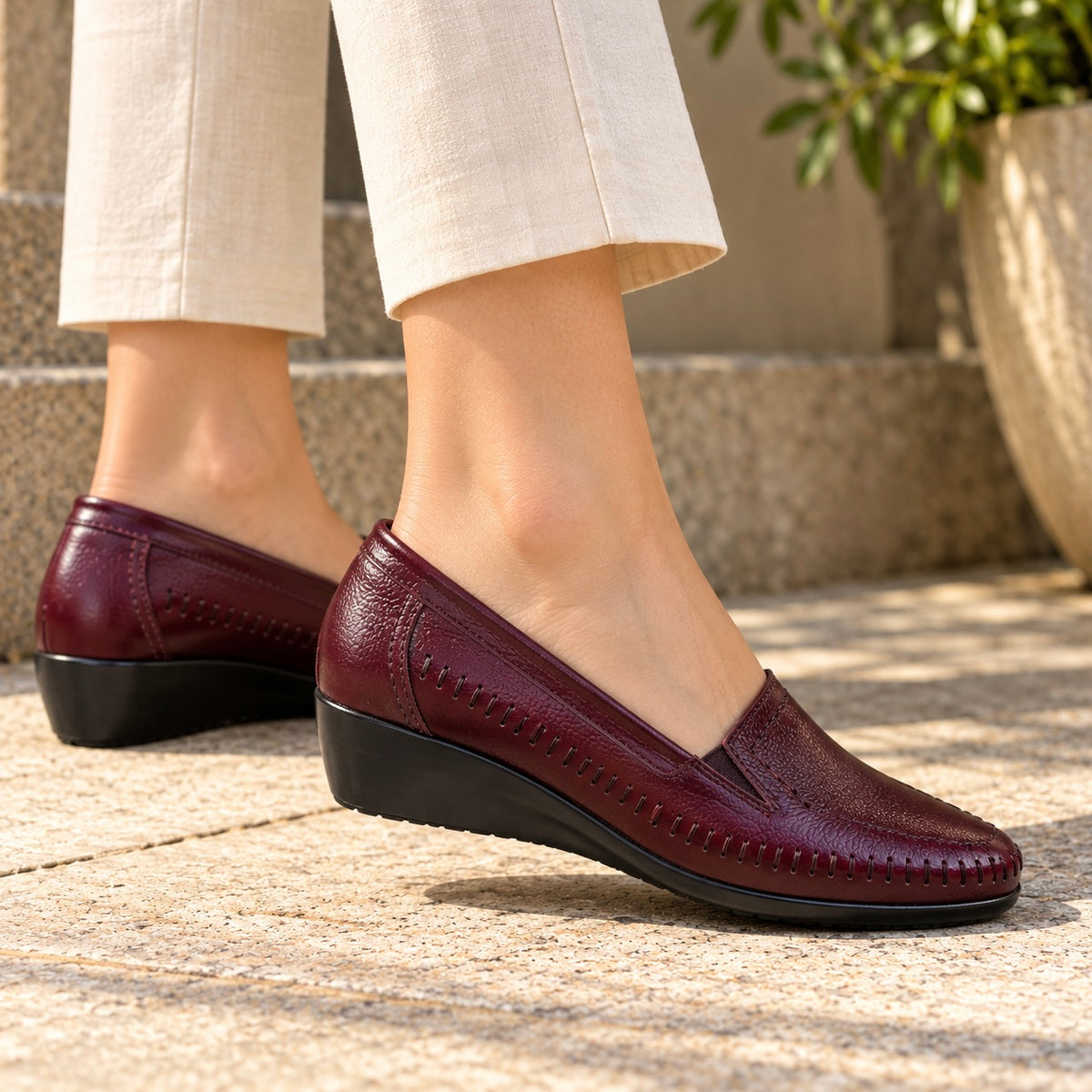 Lizzy Wedge Leather Classic Ballerinas in Maroon - The Heels India
