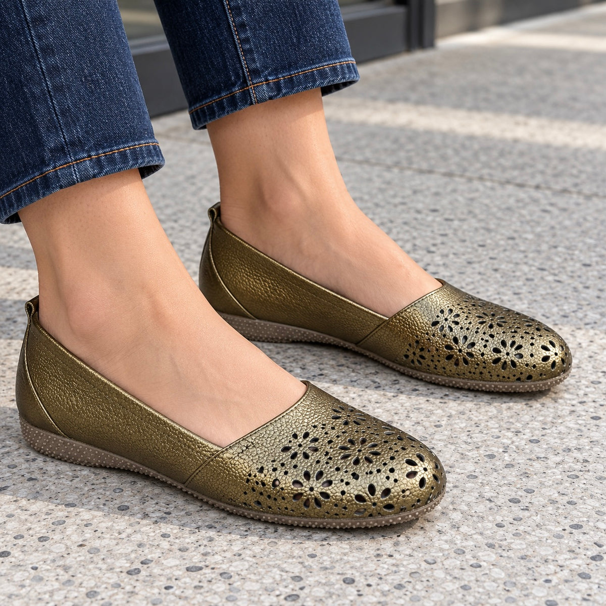 Ellis Leather Perforated Flat Ballerinas in Bronze - The Heels India