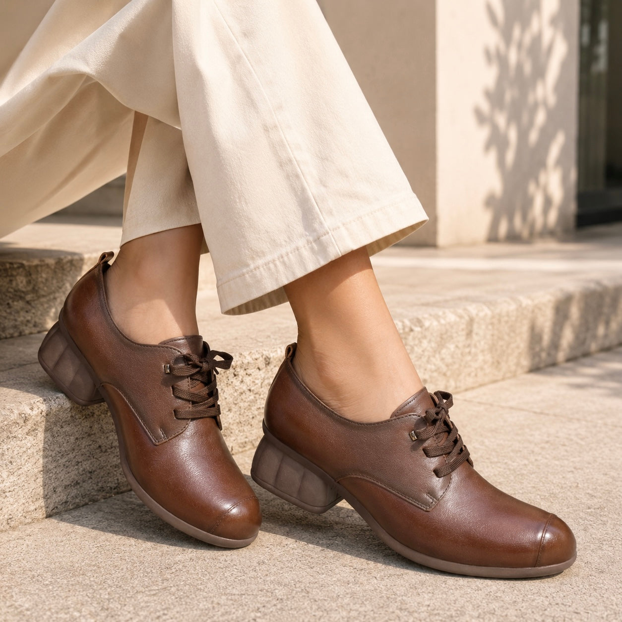 Barbara Premium Leather Lace Up Mid Heel Loafers Brown - The Heels India