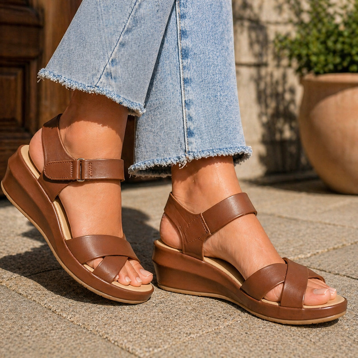 Ferina Cushioned Wedge Cross Sandals - The Heels India