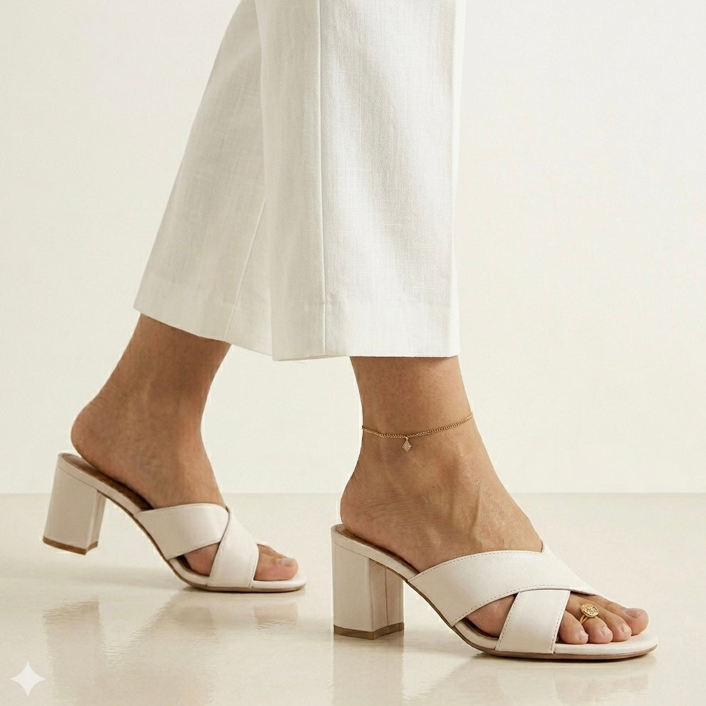 Josie Premium Leather Cross Peep Toe Block Heels