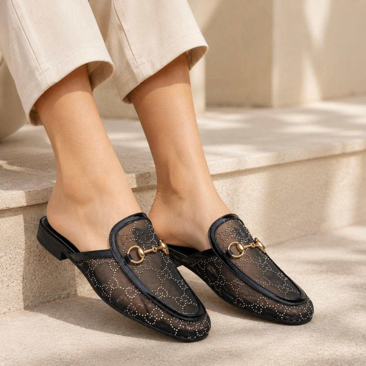 Leto Cushioned Back Open Bling Mesh Mules