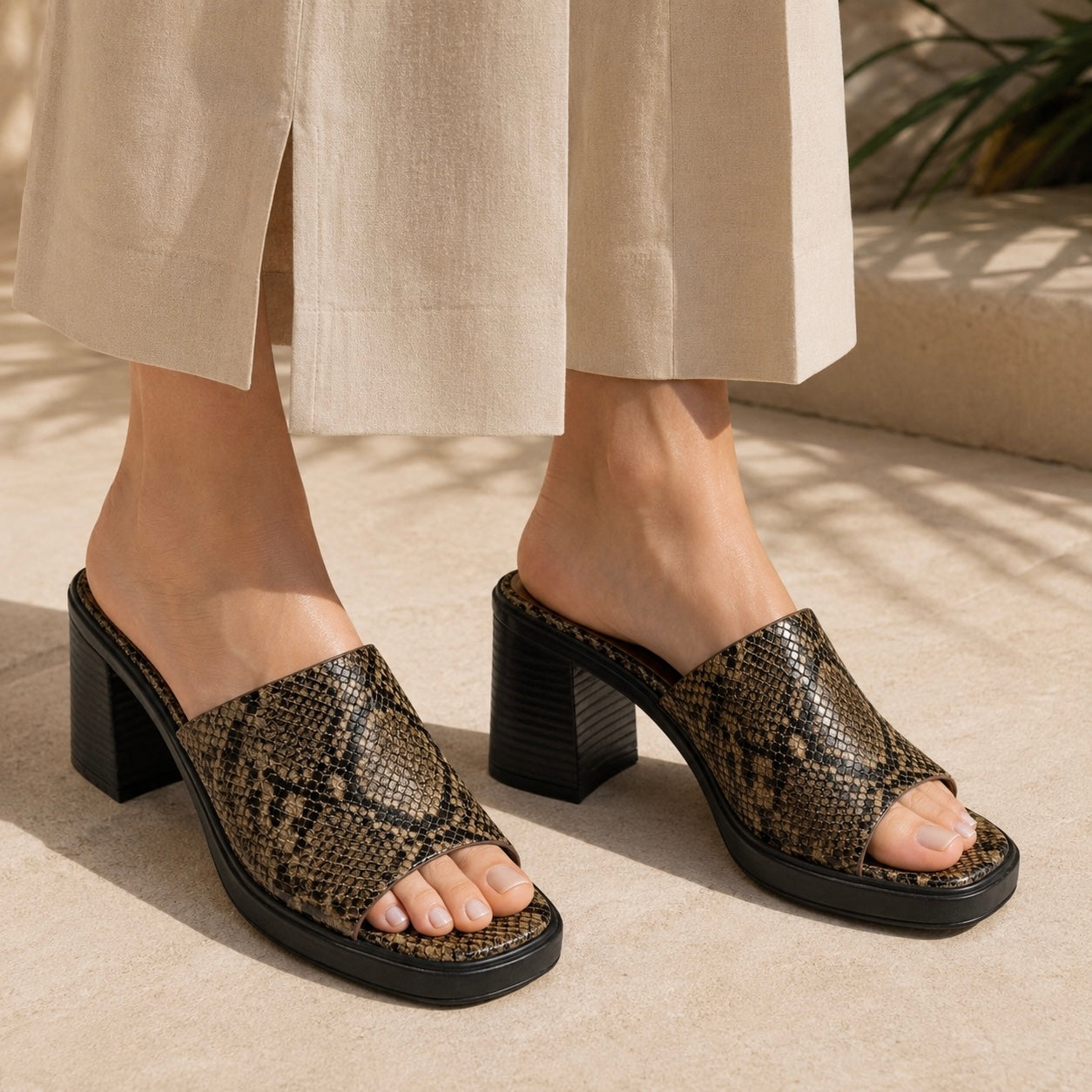 Alba Platform Snake Print Peep Toe Block Heels