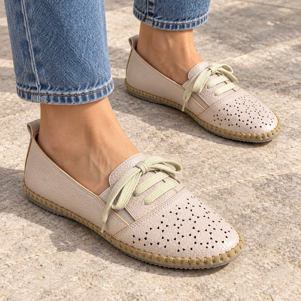 Iris Perforated Cushioned Lace Up Espadrille Loafers in Apricot - The Heels India