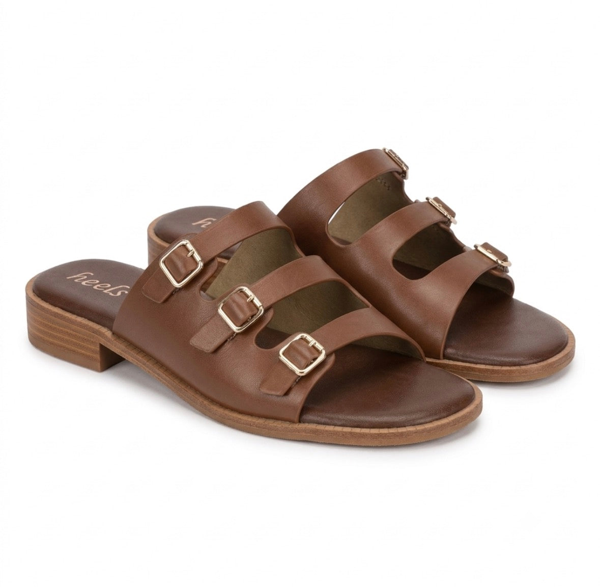 Zeeba Triple Buckle Cushioned Sliders in Tan - The Heels India