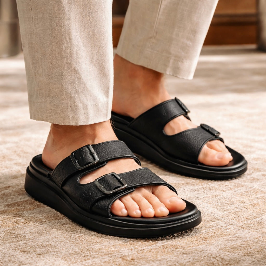 Kai Double Strap Leather Sliders - The Heels India