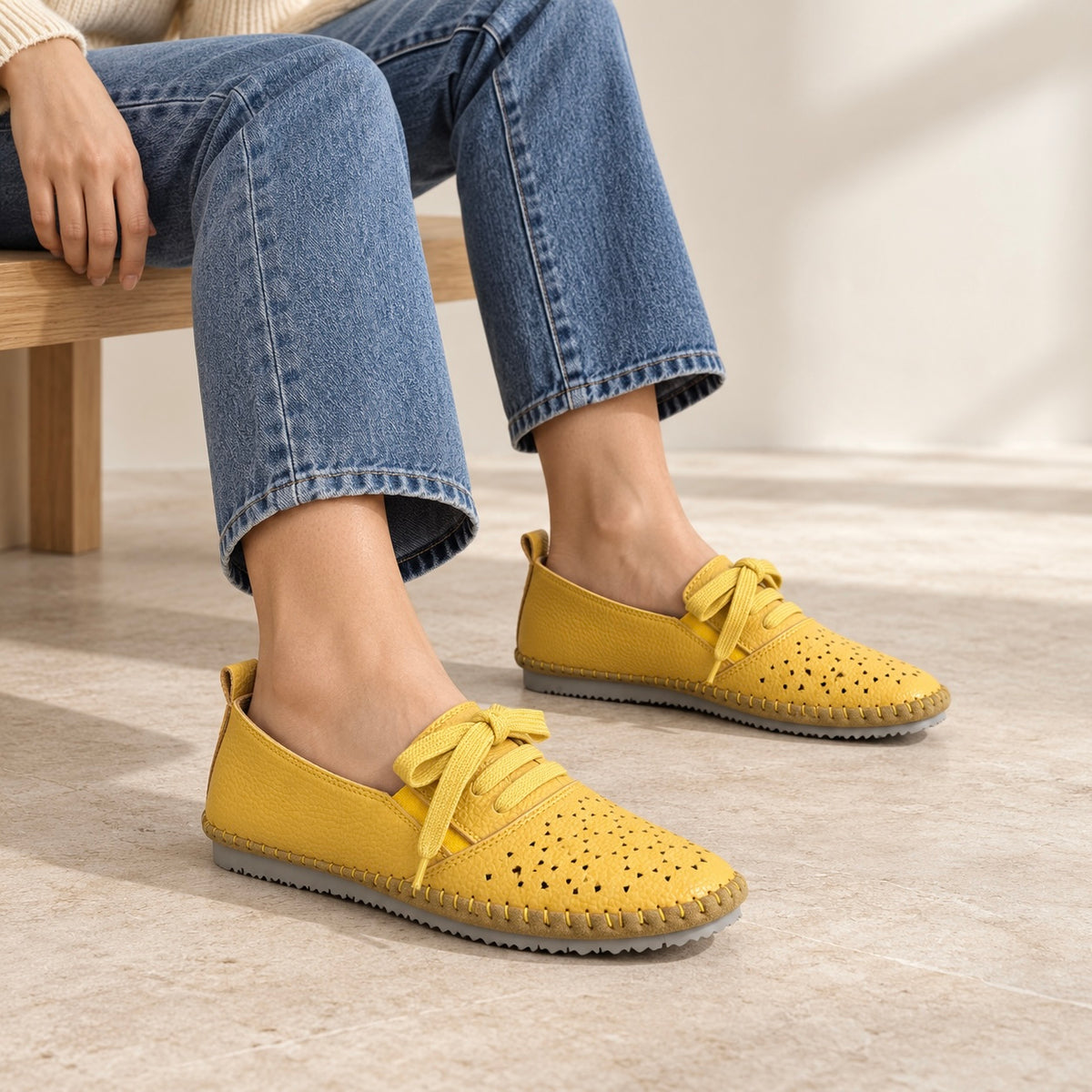 Iris Perforated Cushioned Lace Up Espadrille Loafers in Yellow - The Heels India