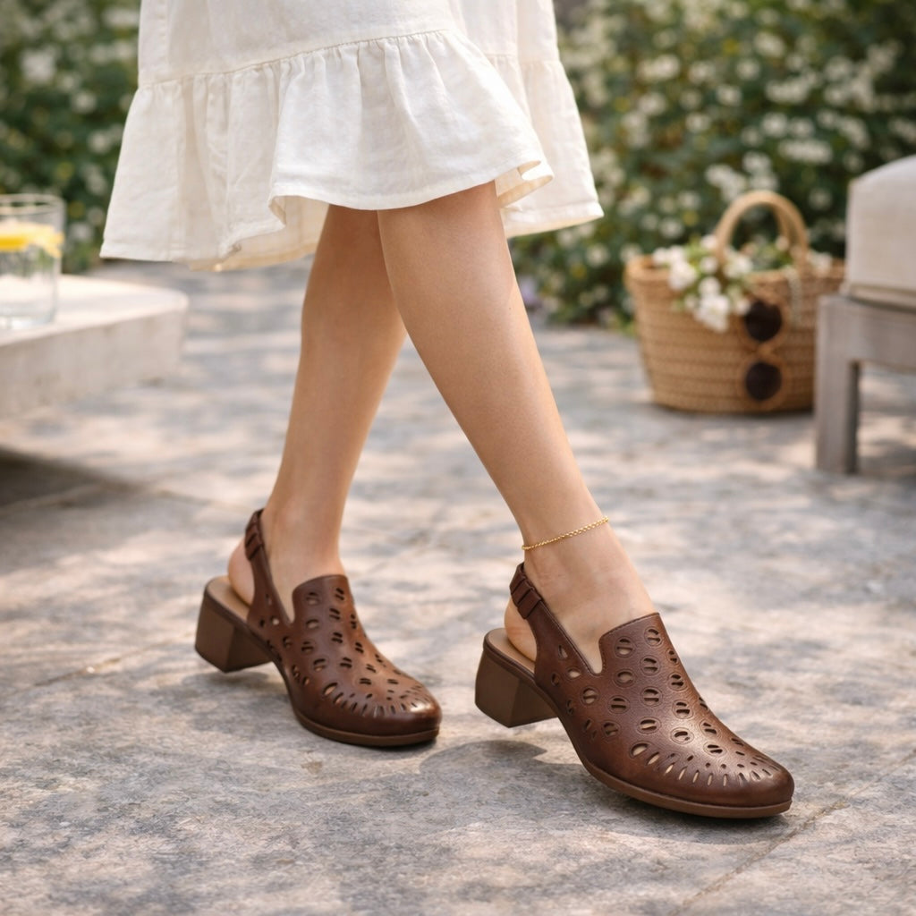 Sakina Premium Leather Perforated Slingback Summer Sandals - The Heels India