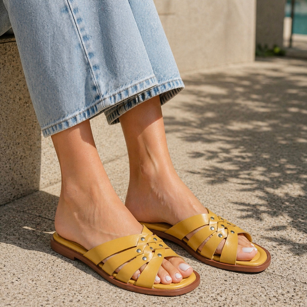 IVY Premium Leather Cushioned Flat Summer Stud Sliders - The Heels India