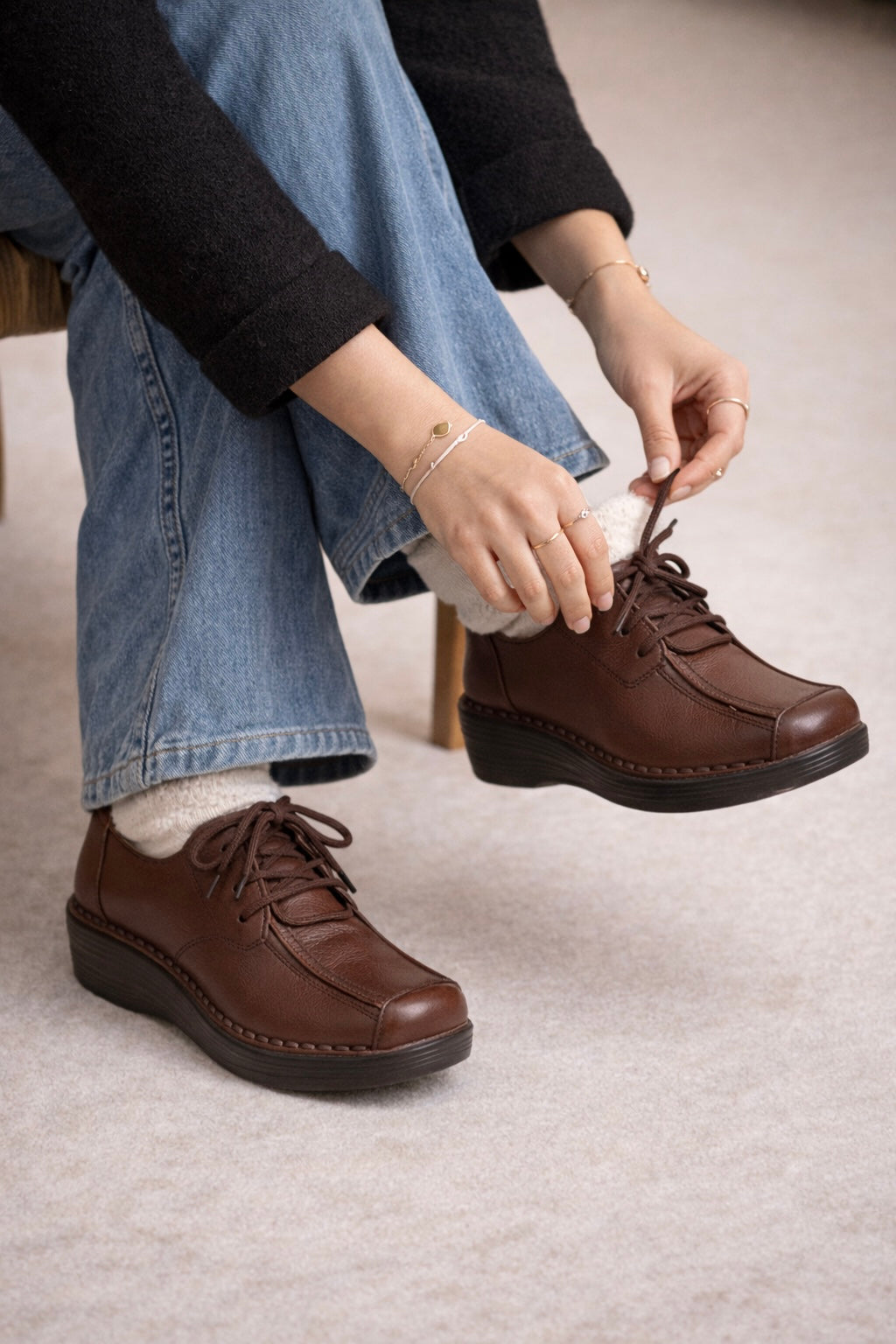 Carrie Premium Leather Lace Up Wedge Heel Loafers