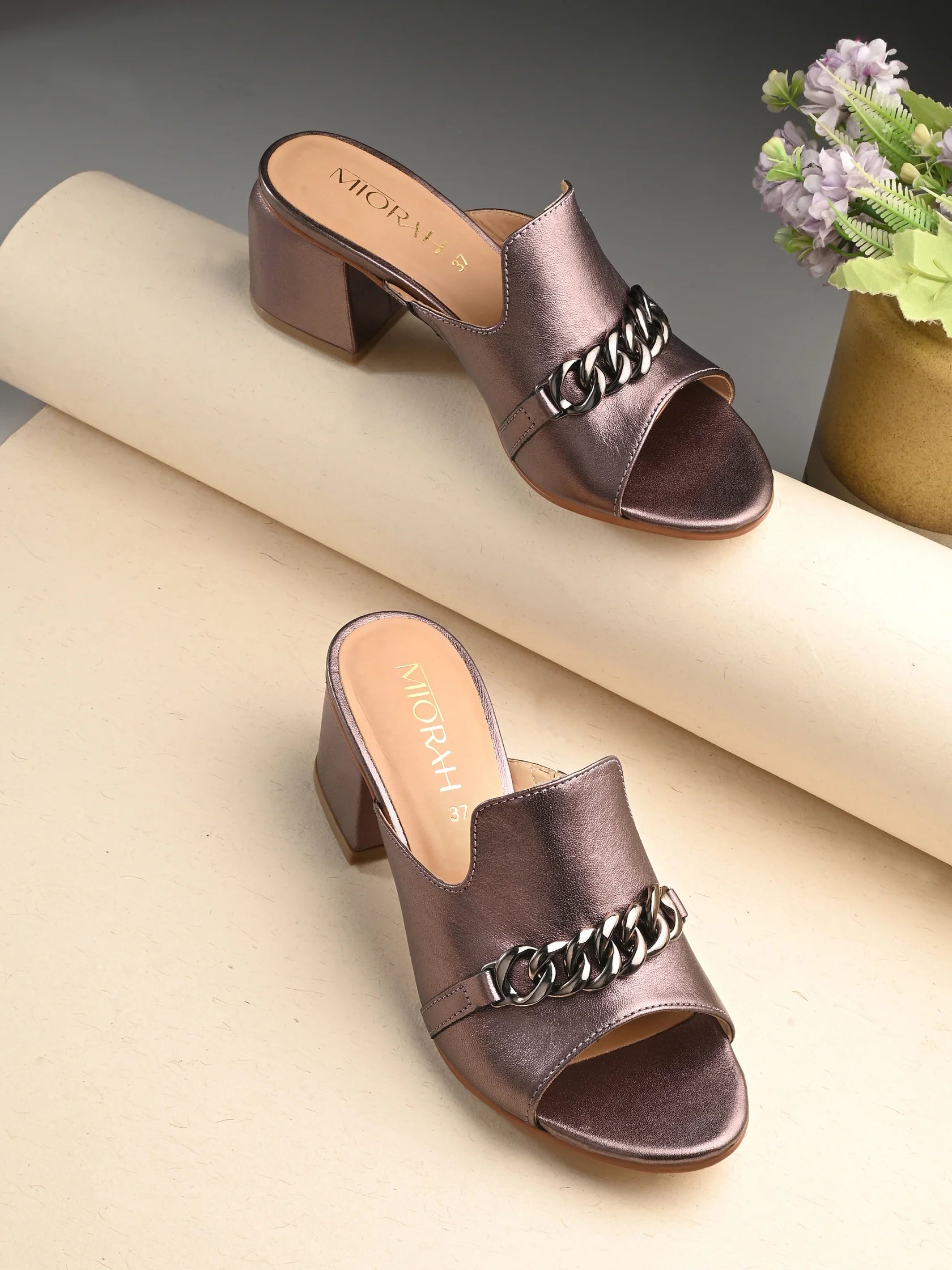 ELEVATE Premium Metallic Leather Peep Toe Block Heels - The Heels India