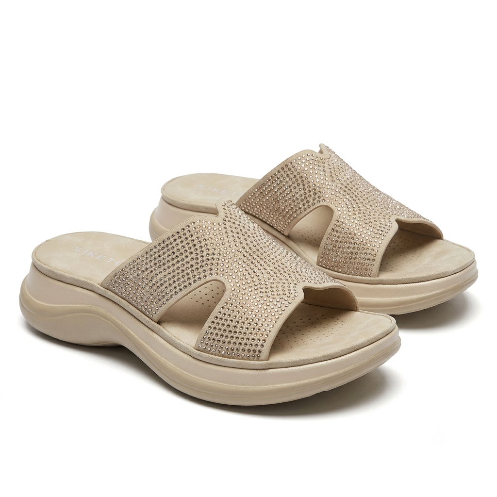 Zarella Bling Chunky Comfort Sliders in Beige - The Heels India