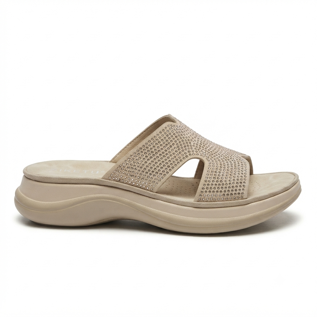 Zarella Bling Chunky Comfort Sliders in Beige - The Heels India