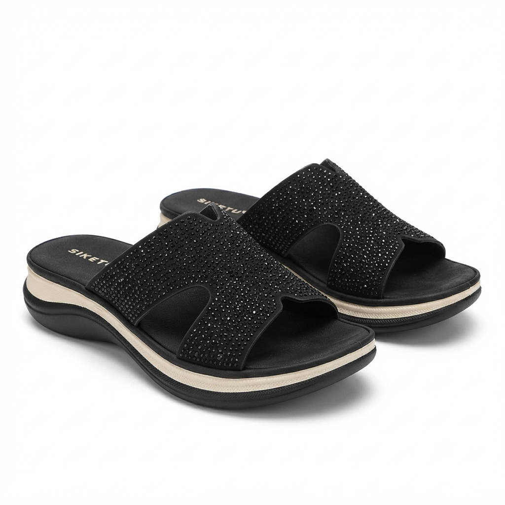 Zarella Bling Chunky Comfort Sliders in Black - The Heels India