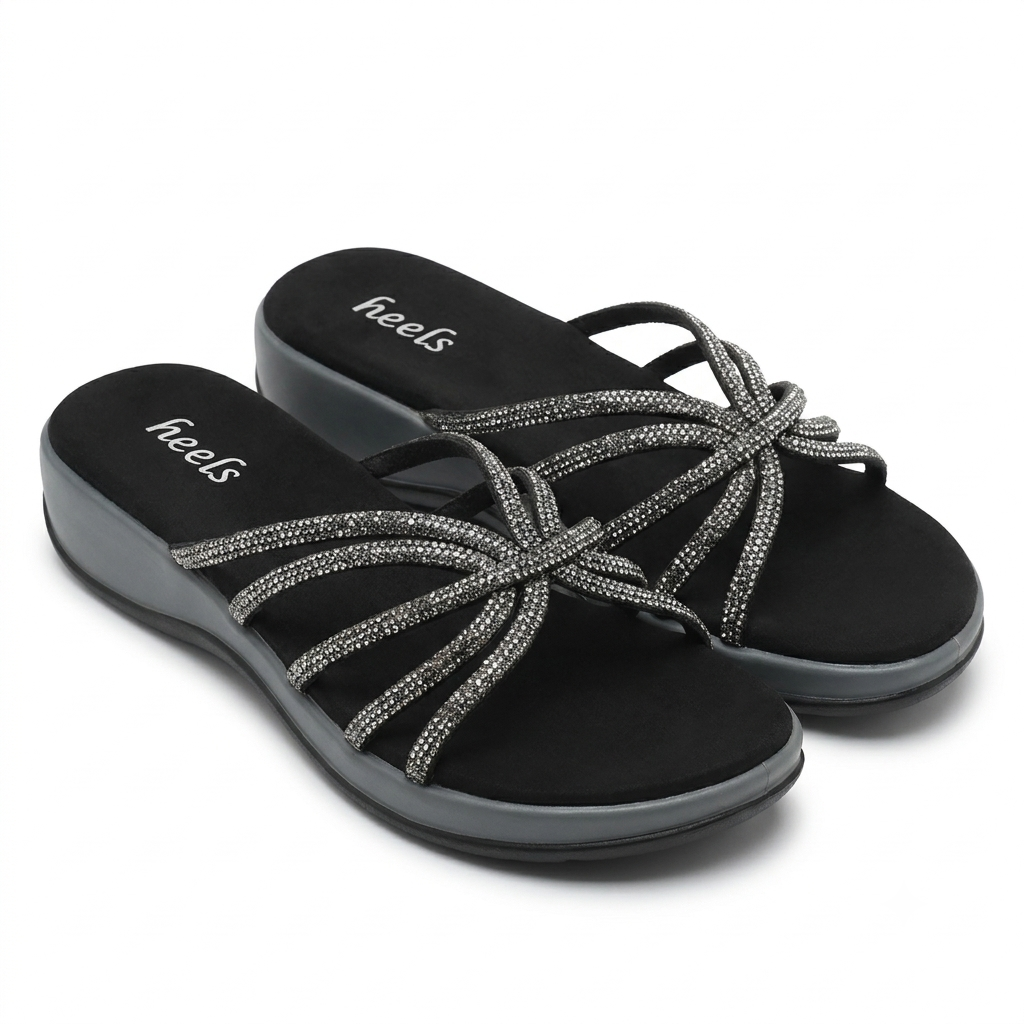 Stella 2.0 Cushioned Embellished Ethnic Sliders in Black - The Heels India