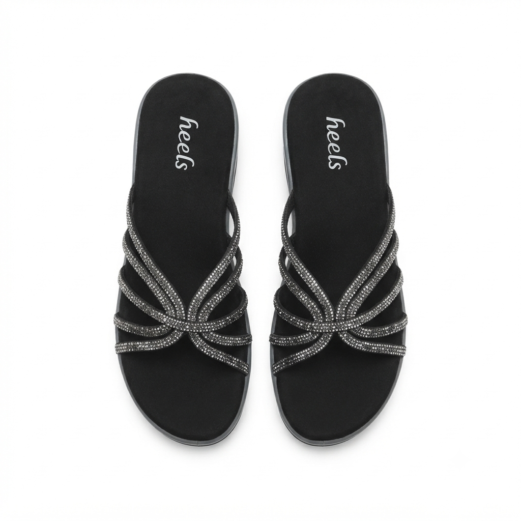 Stella 2.0 Cushioned Embellished Ethnic Sliders in Black - The Heels India