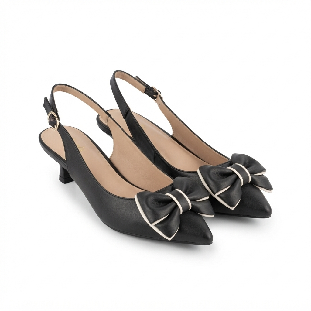Brie Bow Mini Premium Slingback Kitten Heels in Black - The Heels India