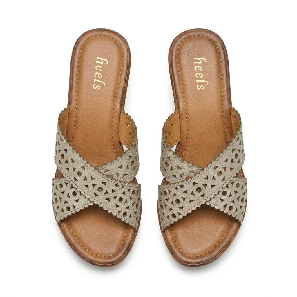 Valencia Laser Cut Perforated Leather Wedge Heel Cross Slippers - The Heels India