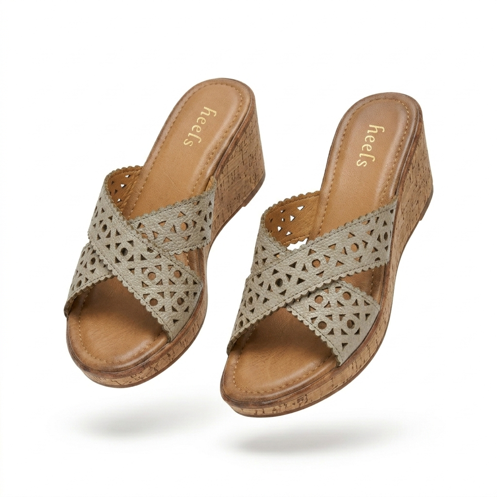 Valencia Laser Cut Perforated Leather Wedge Heel Cross Slippers - The Heels India