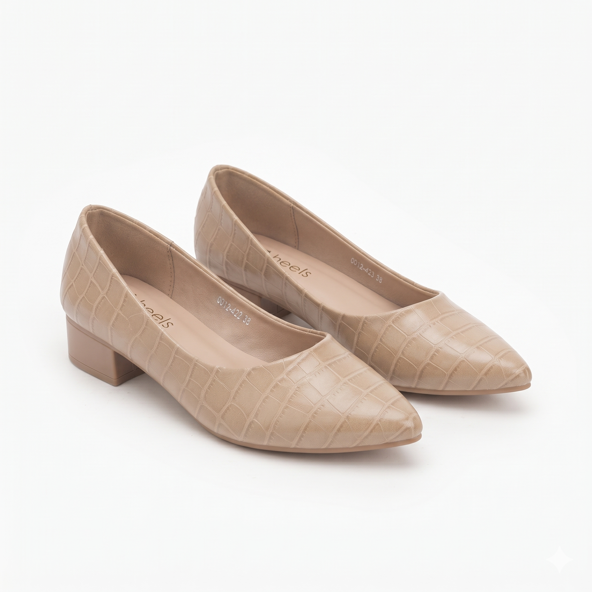 Chloe Croco Pointed Mid Heel Ballerinas in Khaki - The Heels India