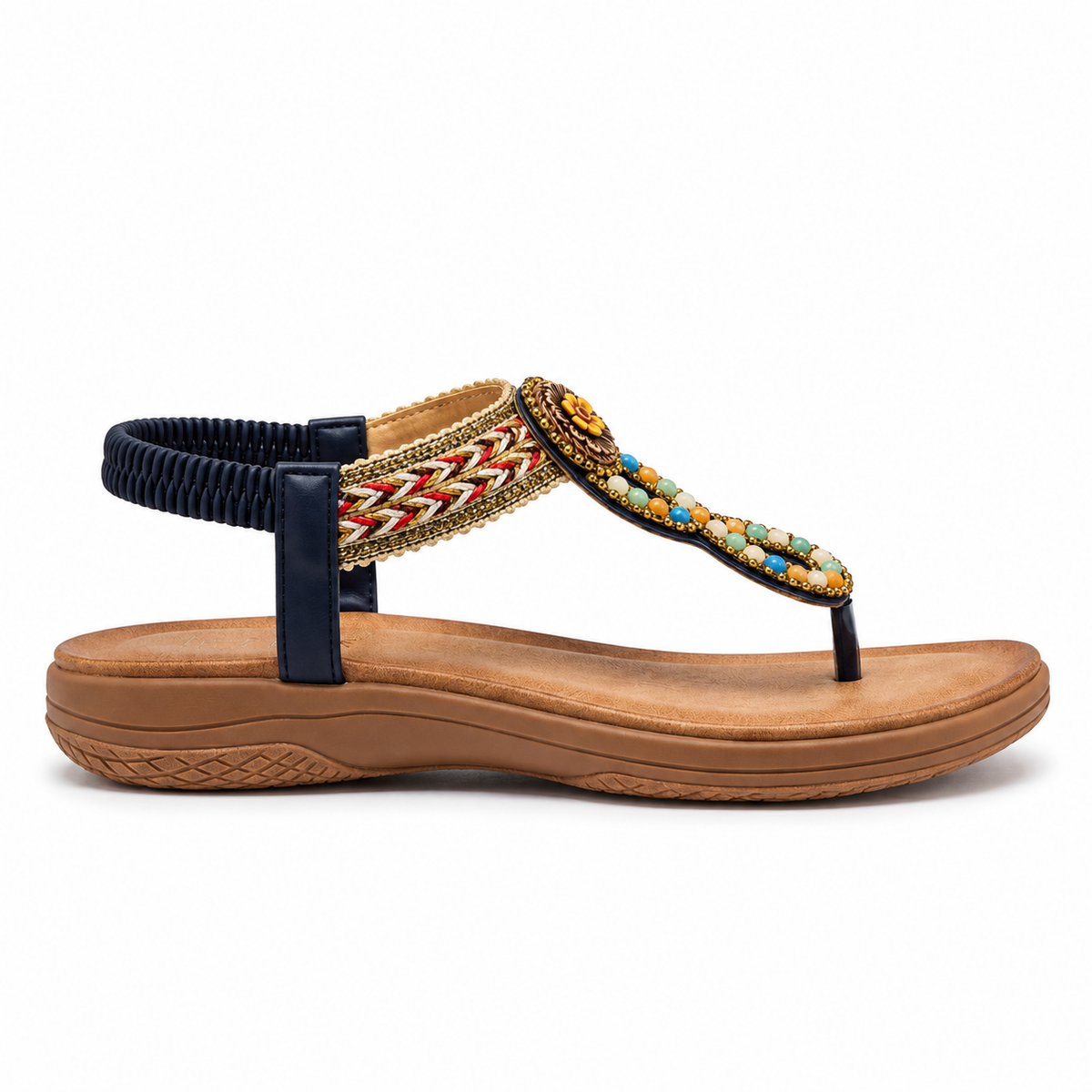 Rosaira Cushioned Embellished Back Elastic Sandals in Navy - The Heels India