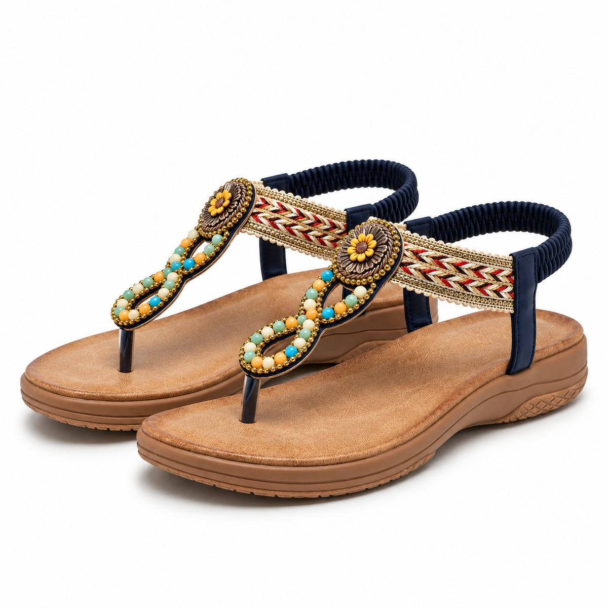 Rosaira Cushioned Embellished Back Elastic Sandals in Navy - The Heels India