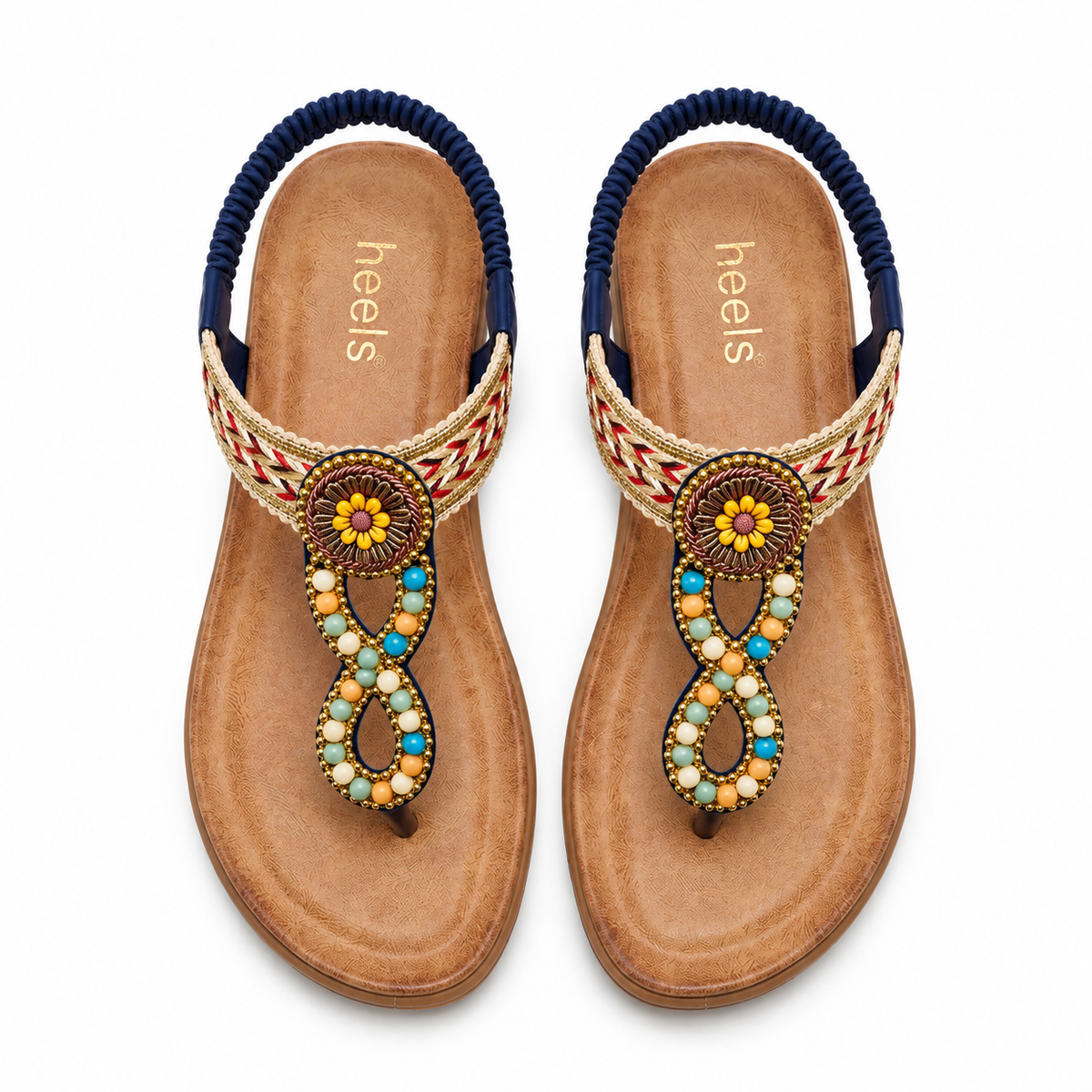 Rosaira Cushioned Embellished Back Elastic Sandals in Navy - The Heels India