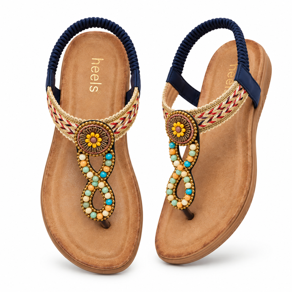 Rosaira Cushioned Embellished Back Elastic Sandals in Navy - The Heels India