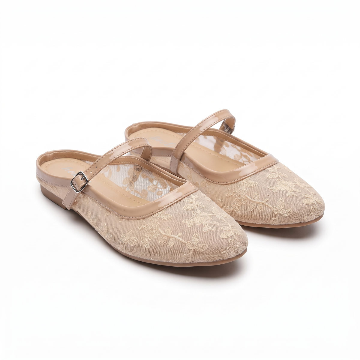 Carla 2.0 Mesh Hand Embroidered Mary Jane Ballerinas in Apricot - The Heels India