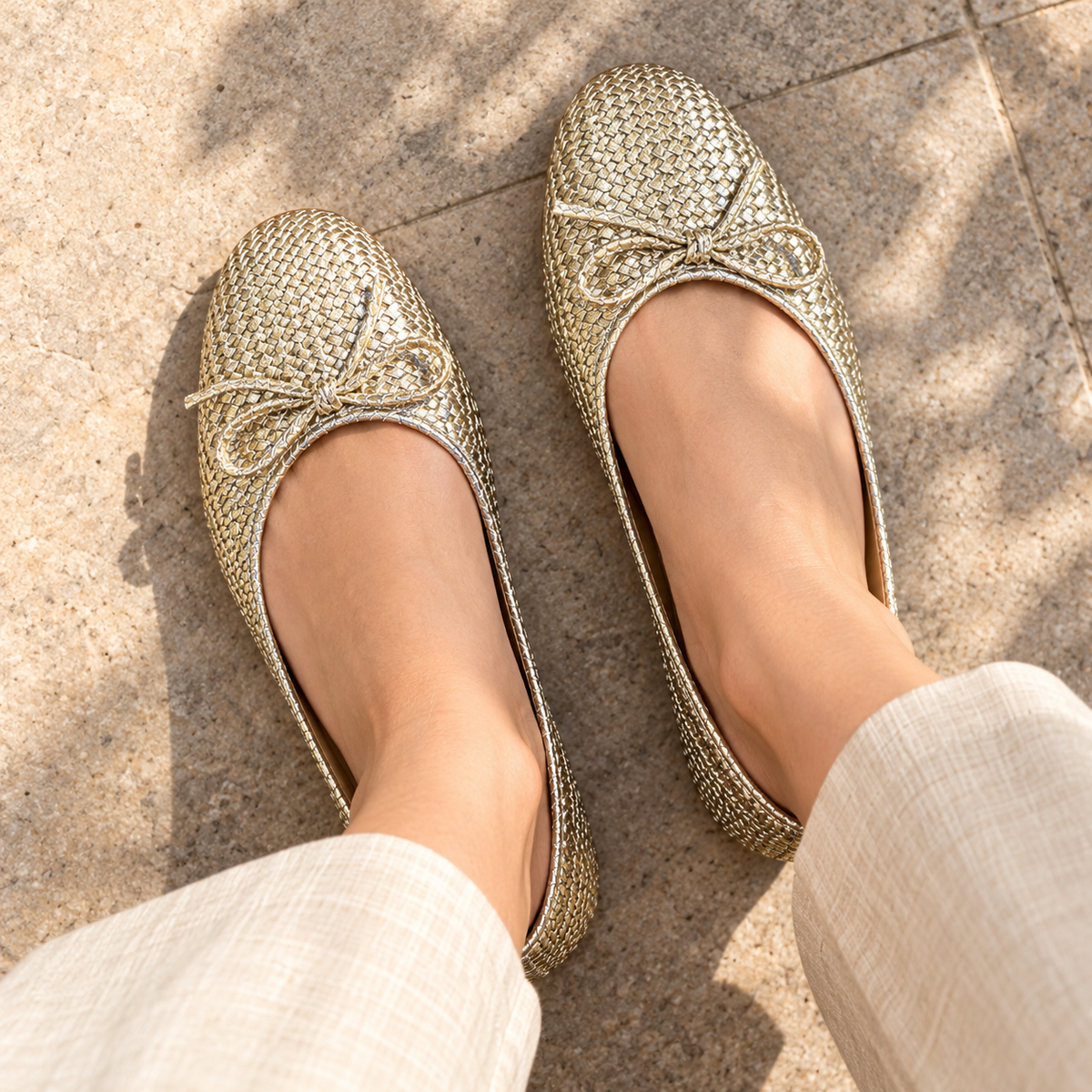 Sicily Cushioned Knit Bow Ballerinas in Gold - The Heels India