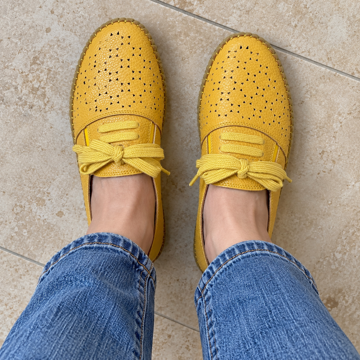 Iris Perforated Cushioned Lace Up Espadrille Loafers in Yellow - The Heels India