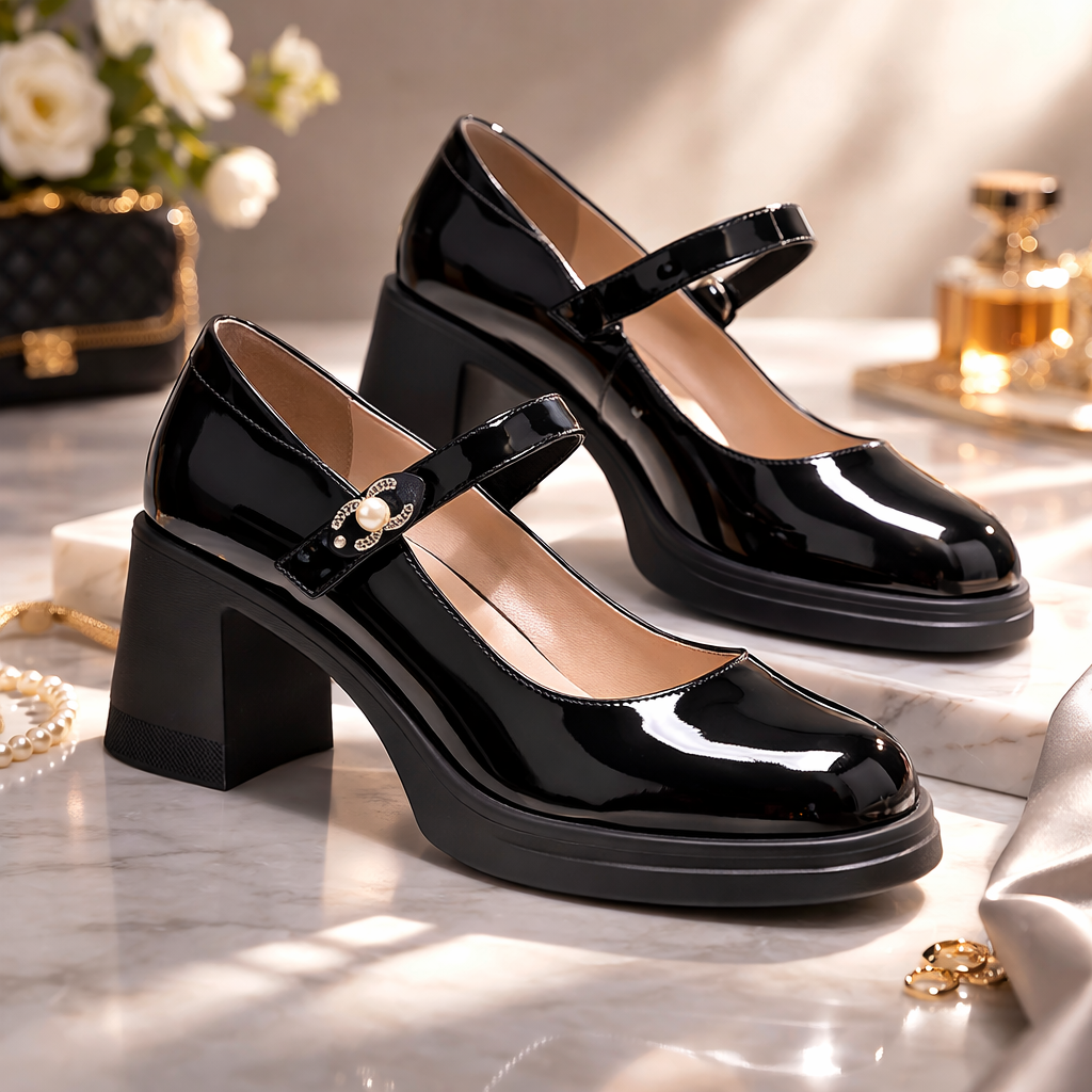 Emrata Premium Patent Leather Ankle Strap Platform Block Heels - The Heels India