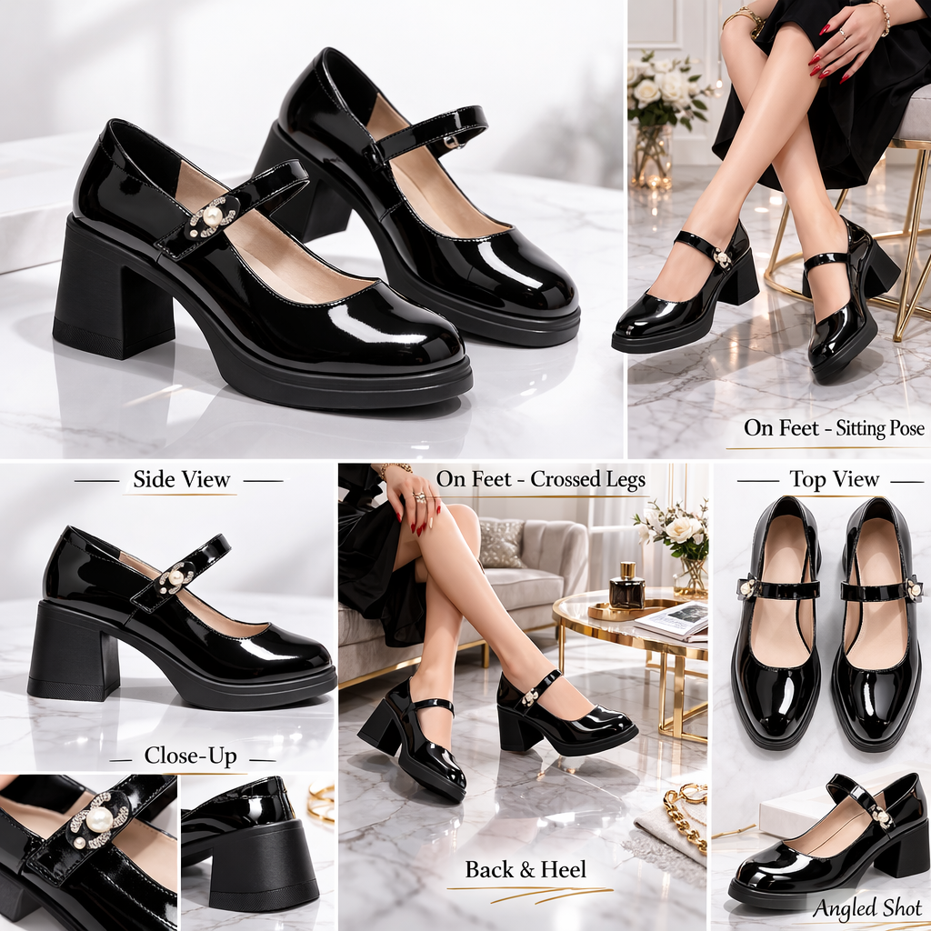 Emrata Premium Patent Leather Ankle Strap Platform Block Heels - The Heels India