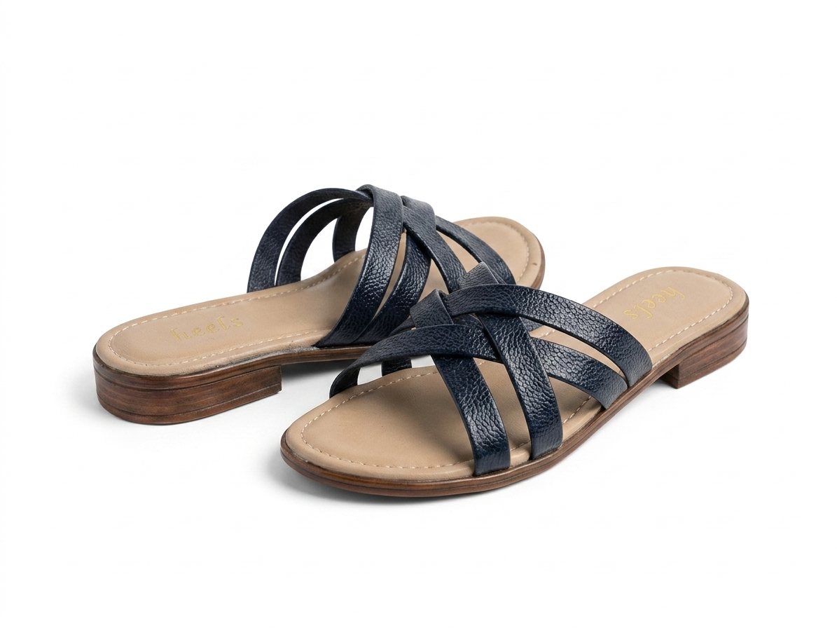 Woven Leather Slides Navy Blue - Side Profile