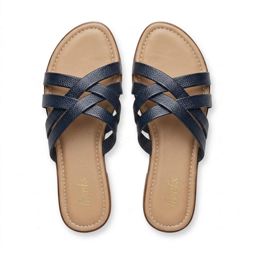 Woven Leather Navy Blue Slides - Top View