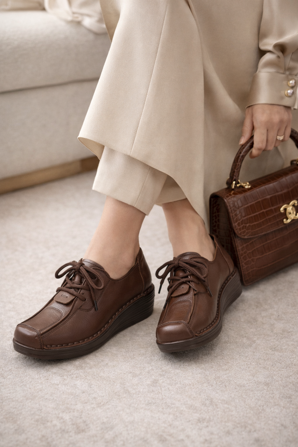 Carrie Premium Leather Lace Up Wedge Heel Loafers