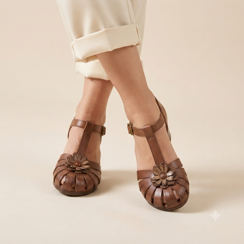 Kim Premium Leather Ankle Strap Block Heel Sandals in Brown - The Heels India