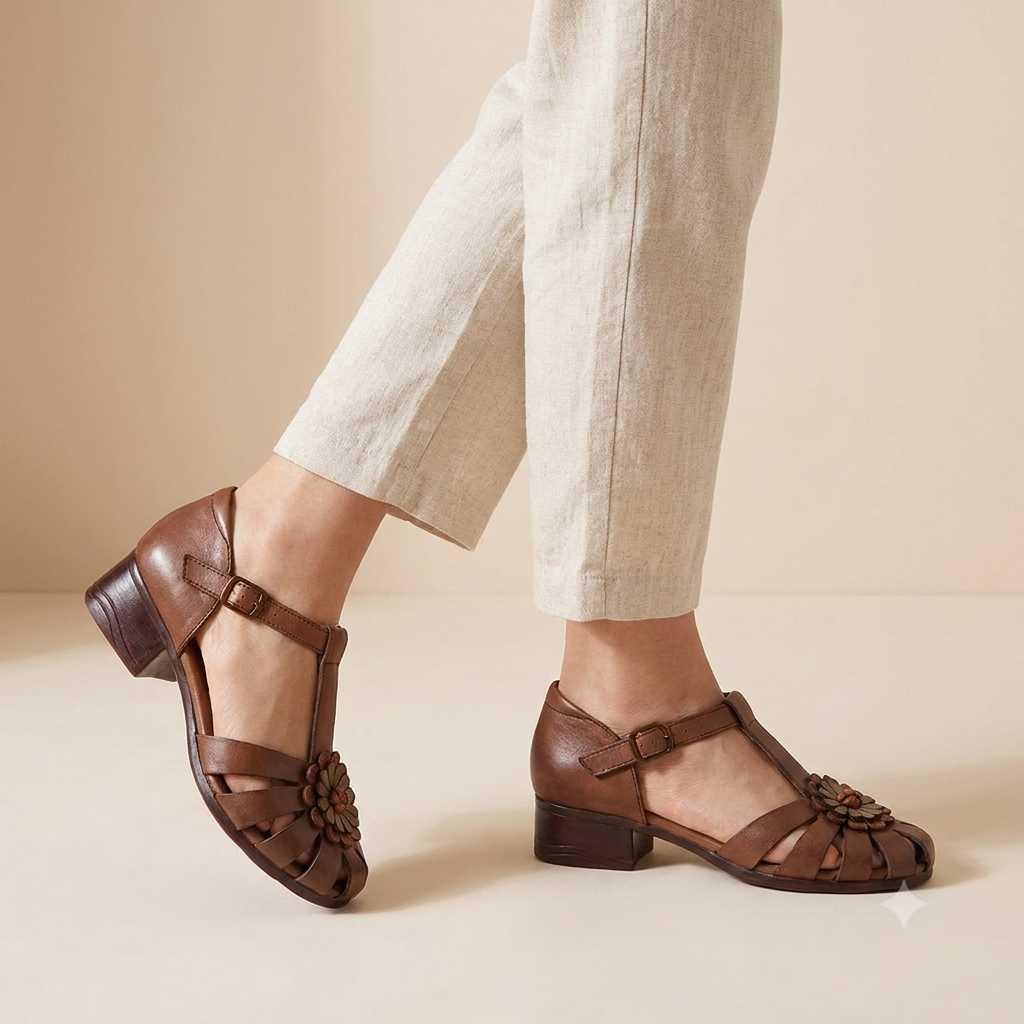 Kim Premium Leather Ankle Strap Block Heel Sandals in Brown - The Heels India