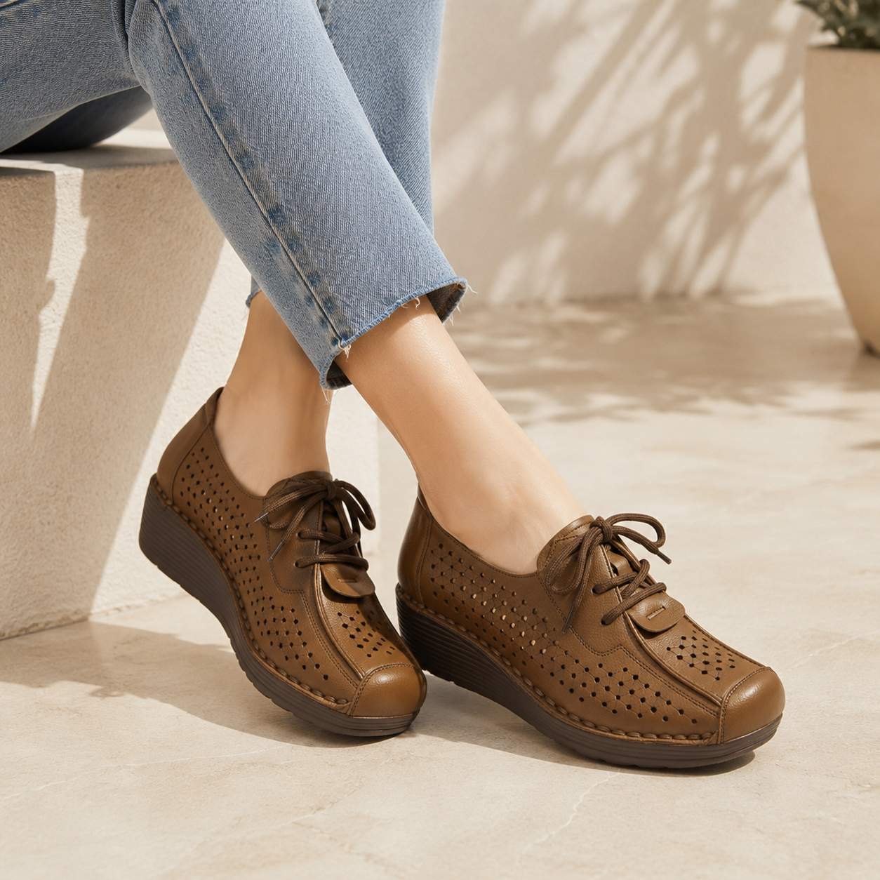 Patricia Premium Leather Lace Up Wedge Heel Loafers